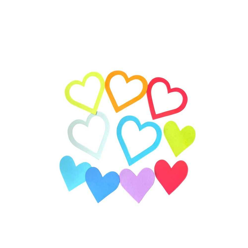 Lot of 10 Colorful Cardstock Heart Cutouts Outline & Solid Scrapbooking Bulletin